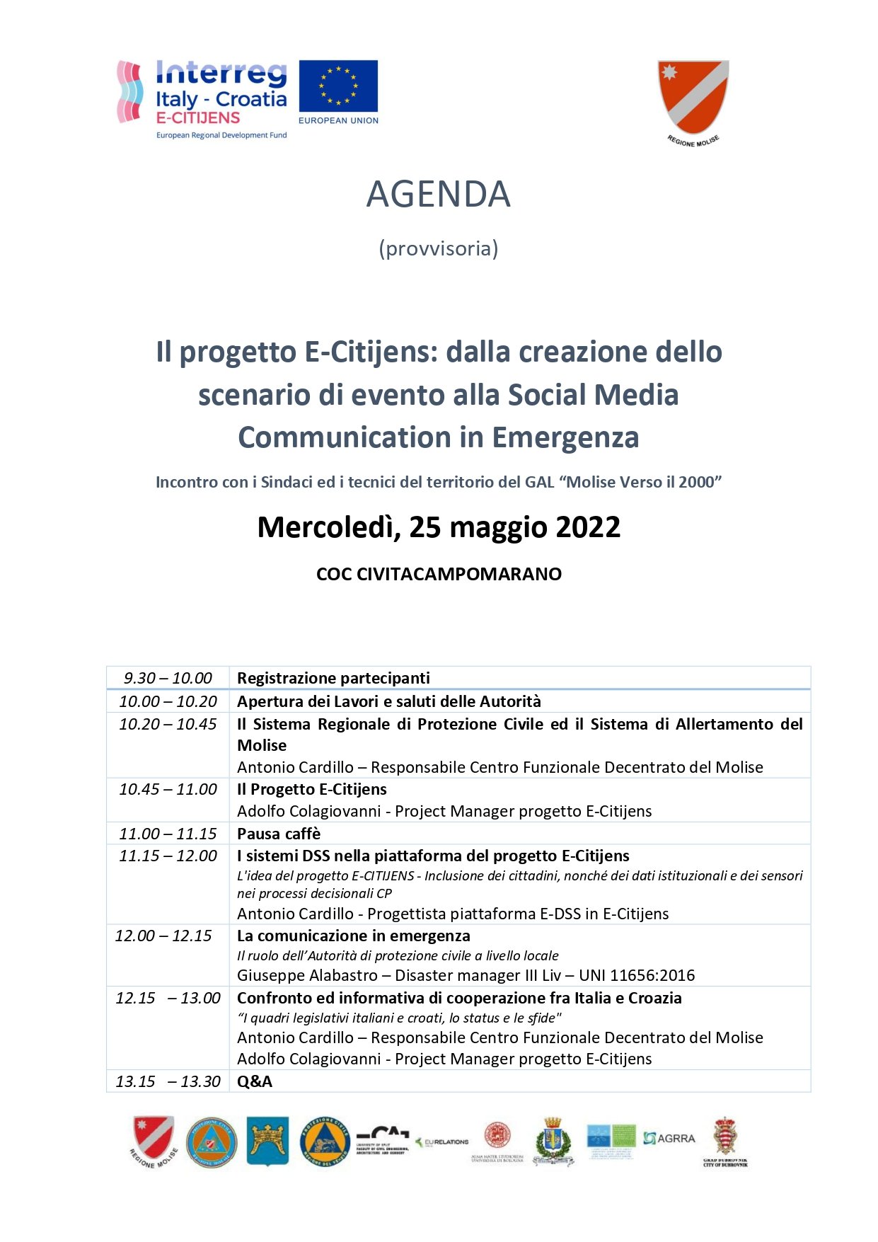 On 25 May 2022 the Regione Molise organized a two-days training workshop addressed to local and regional Civil Protection policy makers
